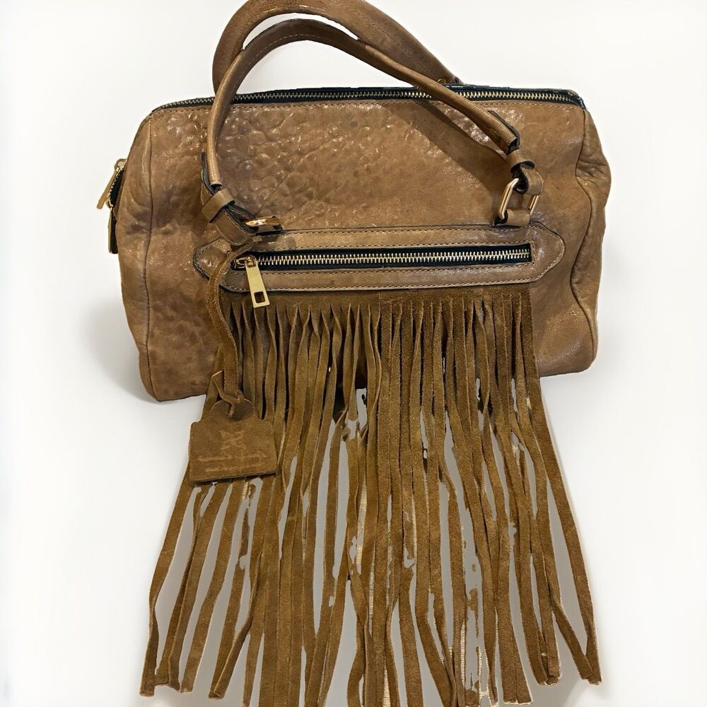 Vtg. Brown Leather Boho Satchel Handbag Croc Embossed Fringed Anna Cecere Italy